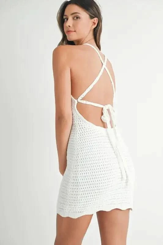 MABLE Crochet Crisscross Spaghetti Strap Mini Dress in - photo