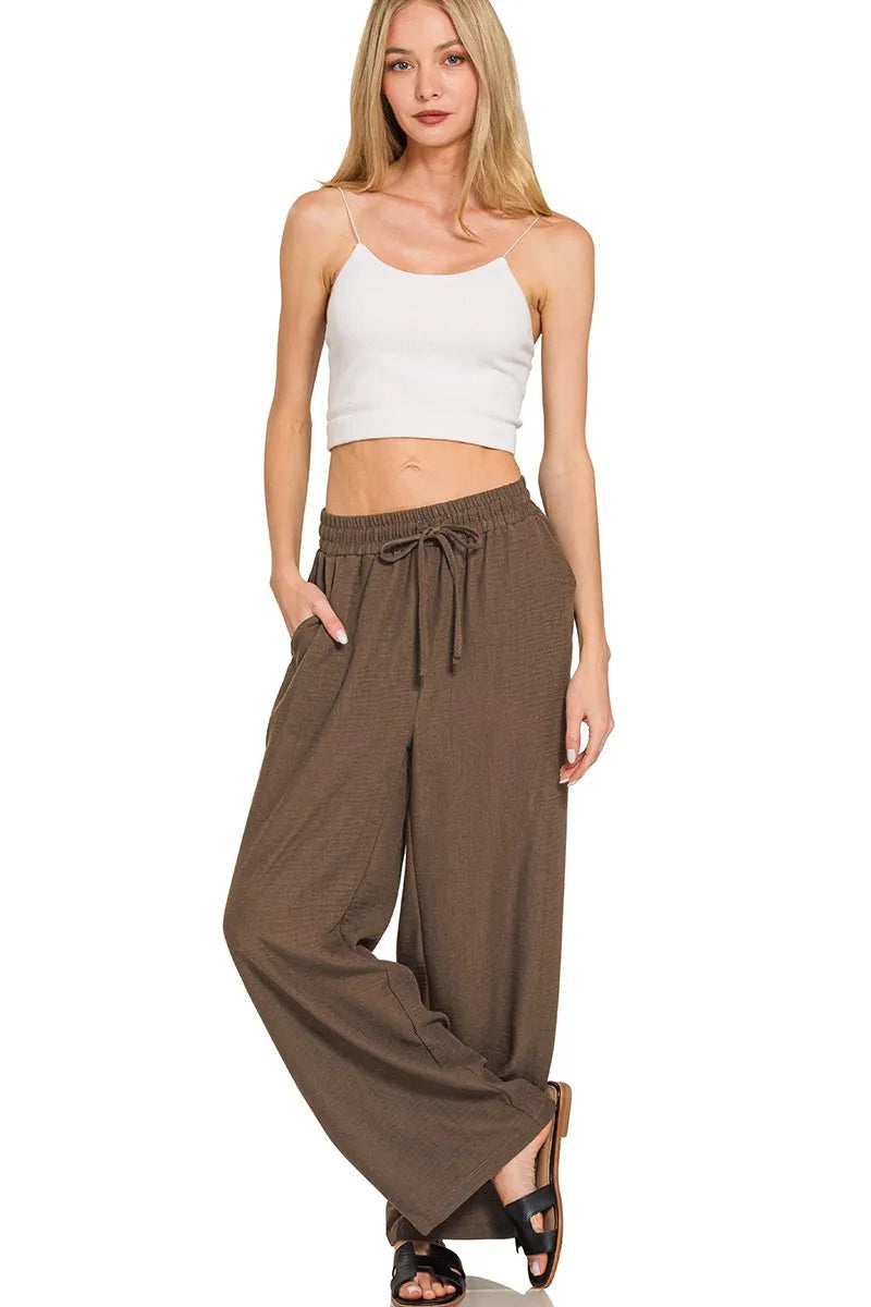 Zenana Woven Crepe Elastic Band Pants in - photo