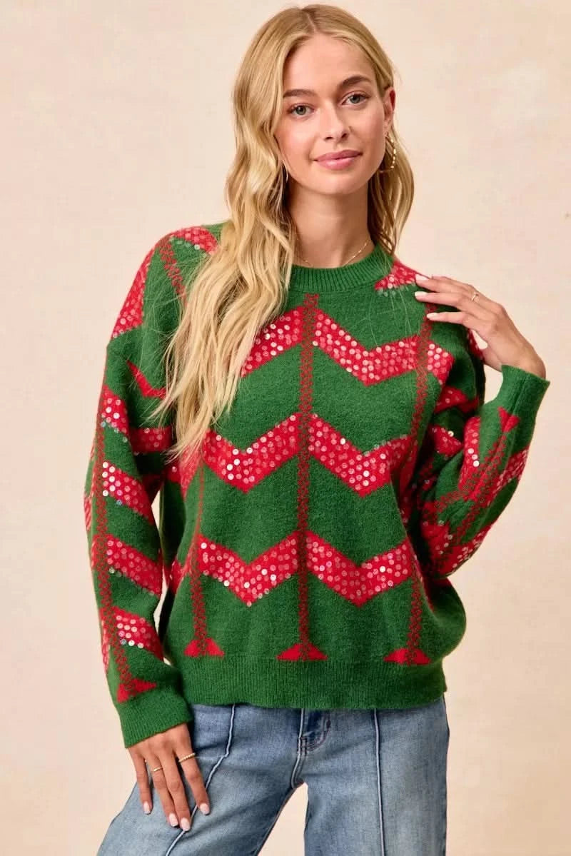 BiBi Christmas Theme Chevron Sequins Detail Sweater in HUNTER RED - photo