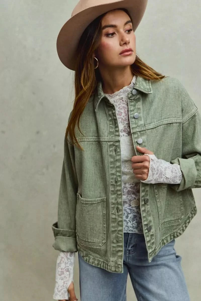 SO ME Vintage Washed Button Twill Shacket in - photo