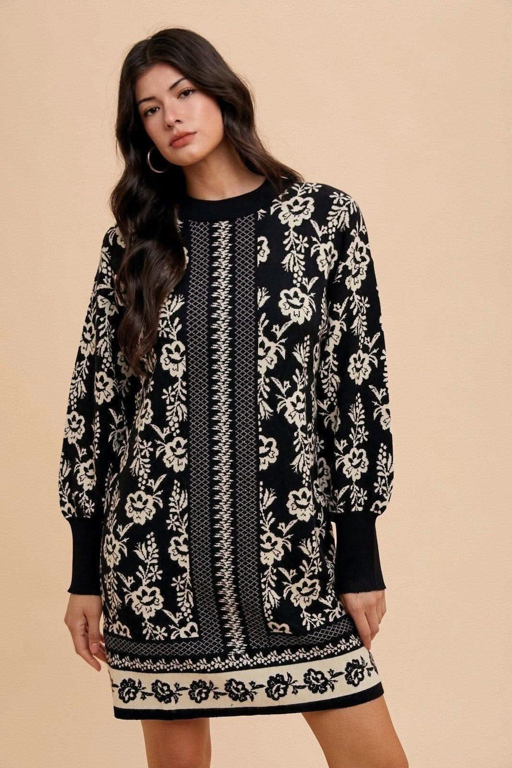 Annie Wear Floral Jacquard Round Neck Sweater Dress in Black Oatmeal - Dresses photo