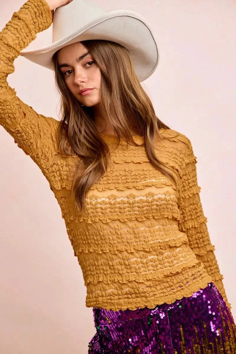 BiBi Ruffles Detail Mardi Gras Color Flower Lace Top in - photo