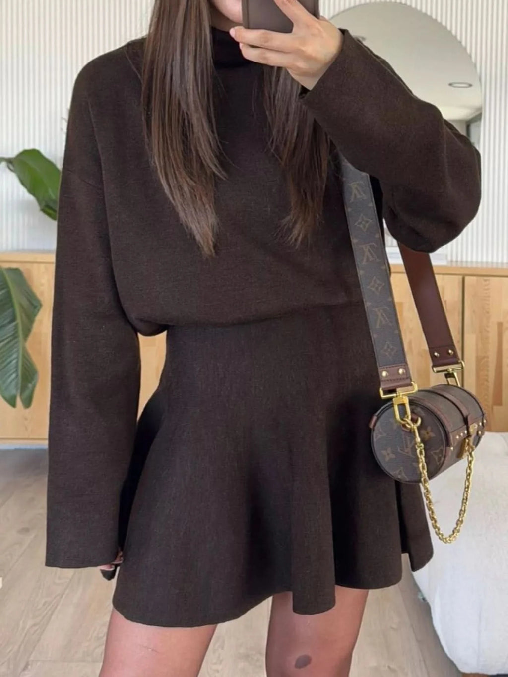 Round Neck Long Sleeve Mini Sweater Dress in Brown - photo
