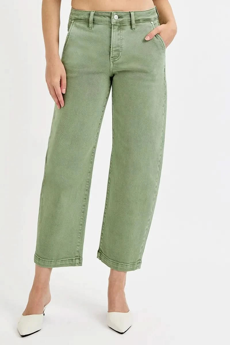 RISEN Full Size Tummy Control High Rise Crop Barrel Jeans Plus Size in OLIVE - photo