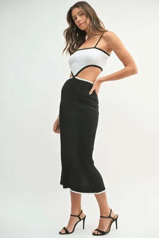 MABLE Ribbed Knit Color Block Cutout Midi Dress in - photo