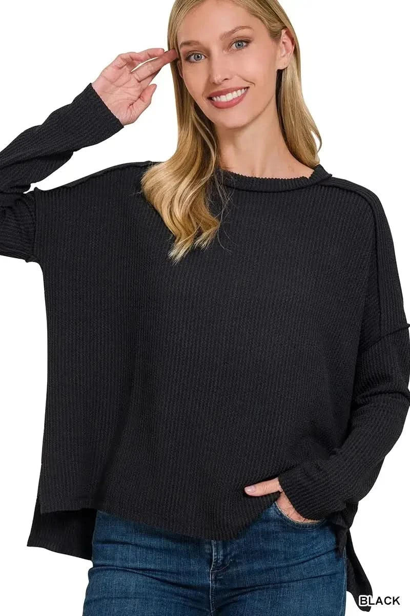 Zenana Full Size Exposed Seam Long Sleeve Corded Rib Knit Top Plus Size in - photo