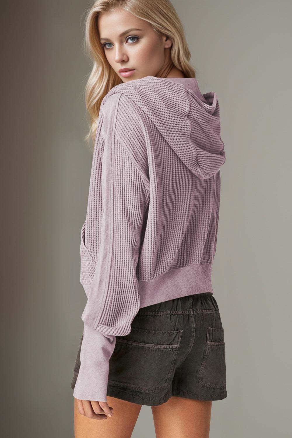 Double Take Waffle-Knit Zip Up Long Sleeve Hooded Jacket in - photo