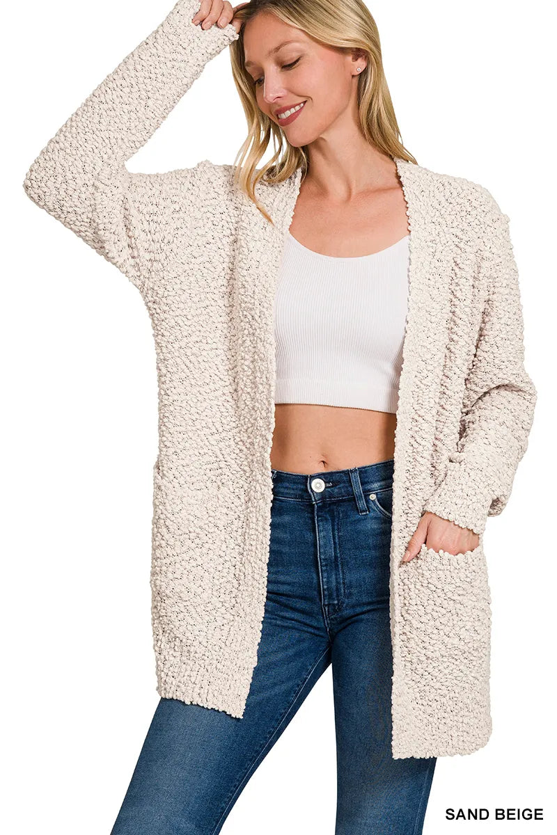 Zenana Long Sleeve Popcorn Sweater Cardigan with Pockets in SAND BEIGE - photo