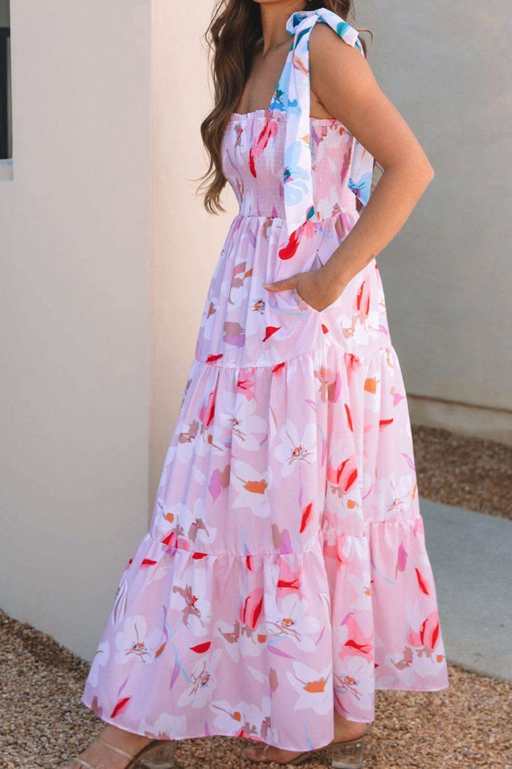 Floral Print Knotted Shoulder Smocked Maxi Dress in - Dresses photo