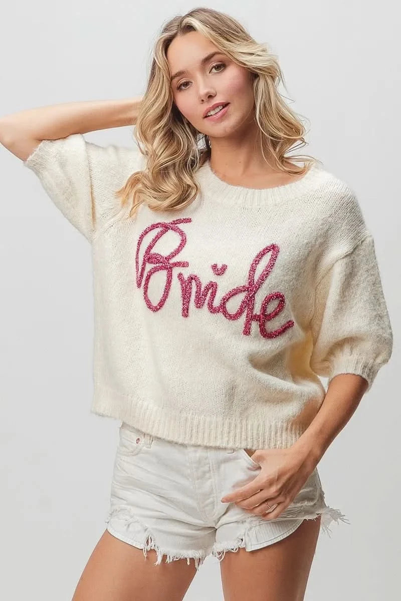 BiBi Metallic Letter Short Puff Sleeve Hairy Sweater in - photo