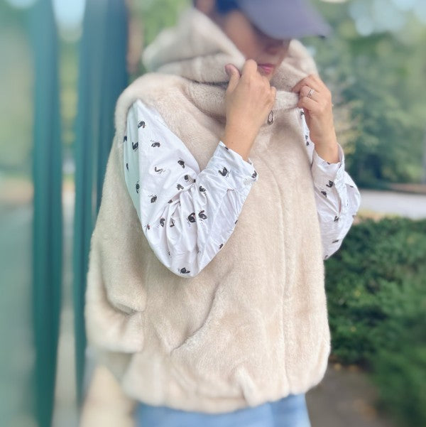 Real Feel Faux Mink Fur Hooded Vest in Mink Beige - photo