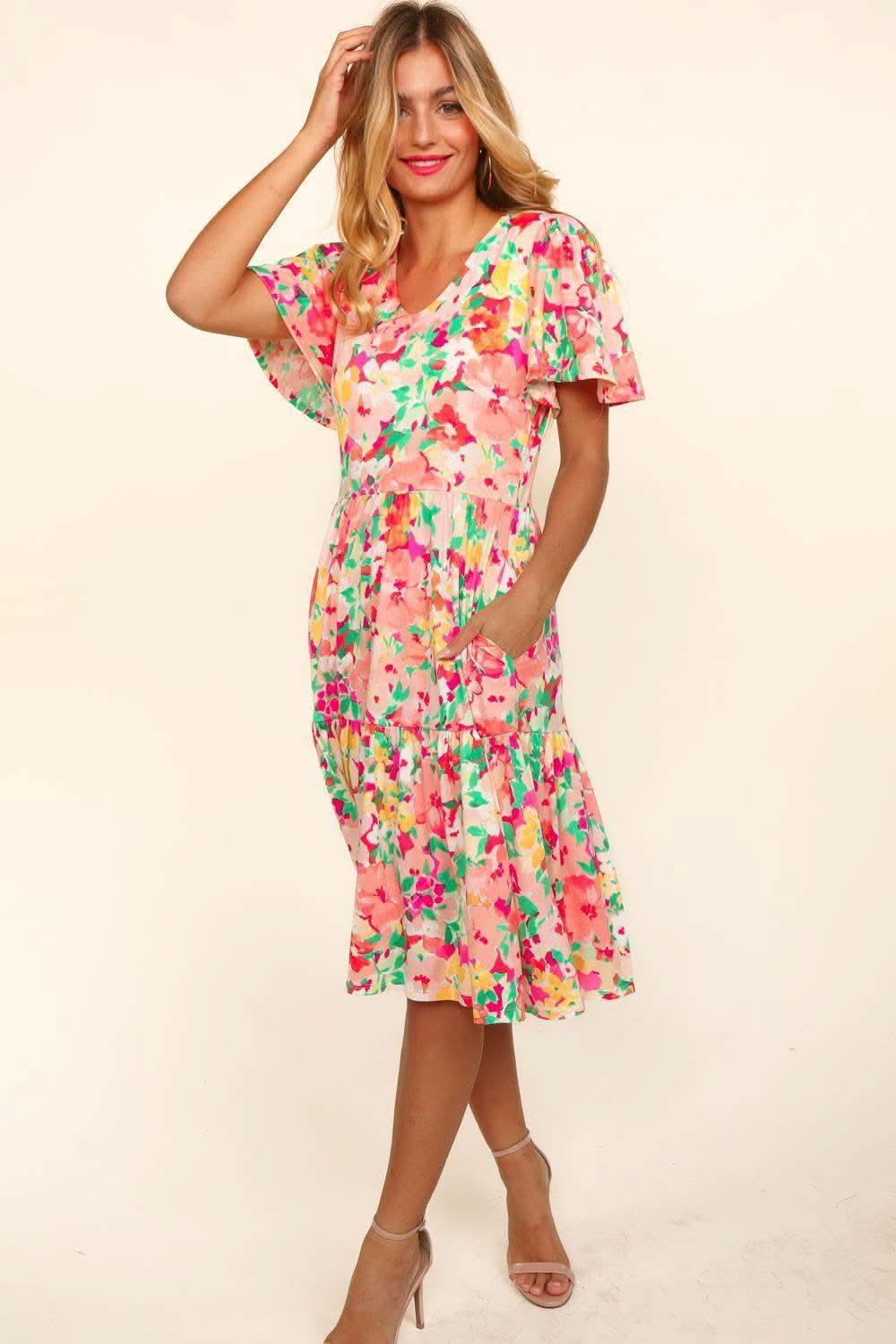 Haptics Tiered Floral Midi Dress with Pockets - SwagglyLife Home & Fashion