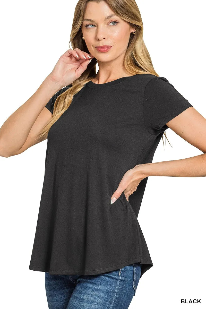 Zenana Flowy Round Hem Rayon Short Sleeve T-Shirt in - photo