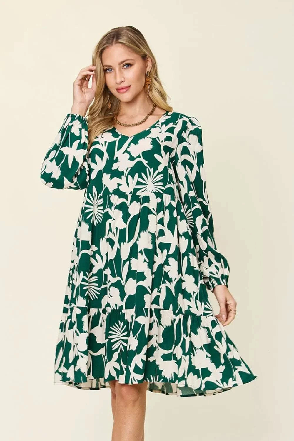 Double Take Full Size Printed Ruffle Hem Dress with Pocket in Dark Green - photo