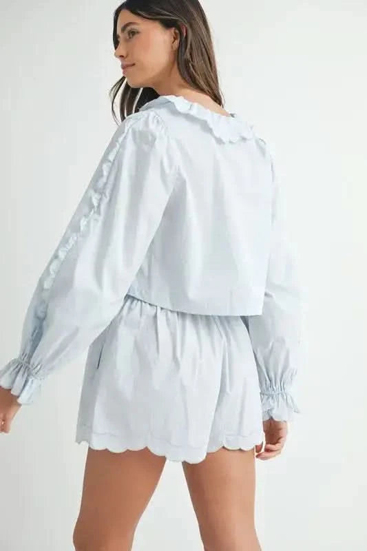 MABLE Long Sleeve Scallop Blouse and Shorts Set in - photo