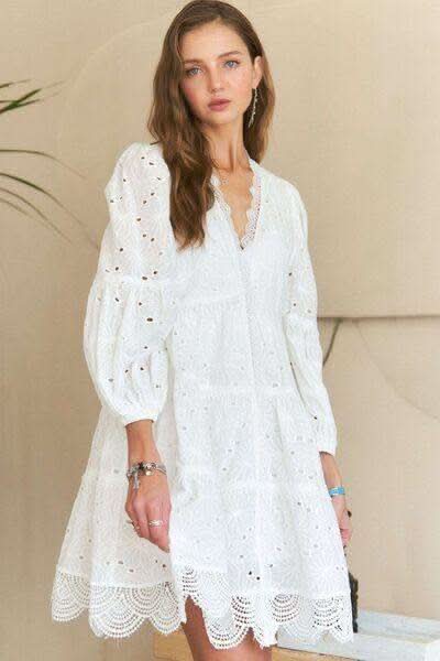 ADORA Lace Detail Tiered Eyelet V-Neck Babydoll Dress - SwagglyLife Home & Fashion