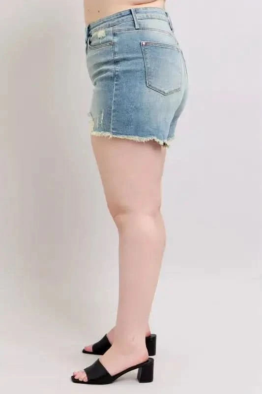 Judy Blue Plus Size High Rise Washed Fly Stitch Detail and Destroy Denim Shorts - SwagglyLife Home & Fashion