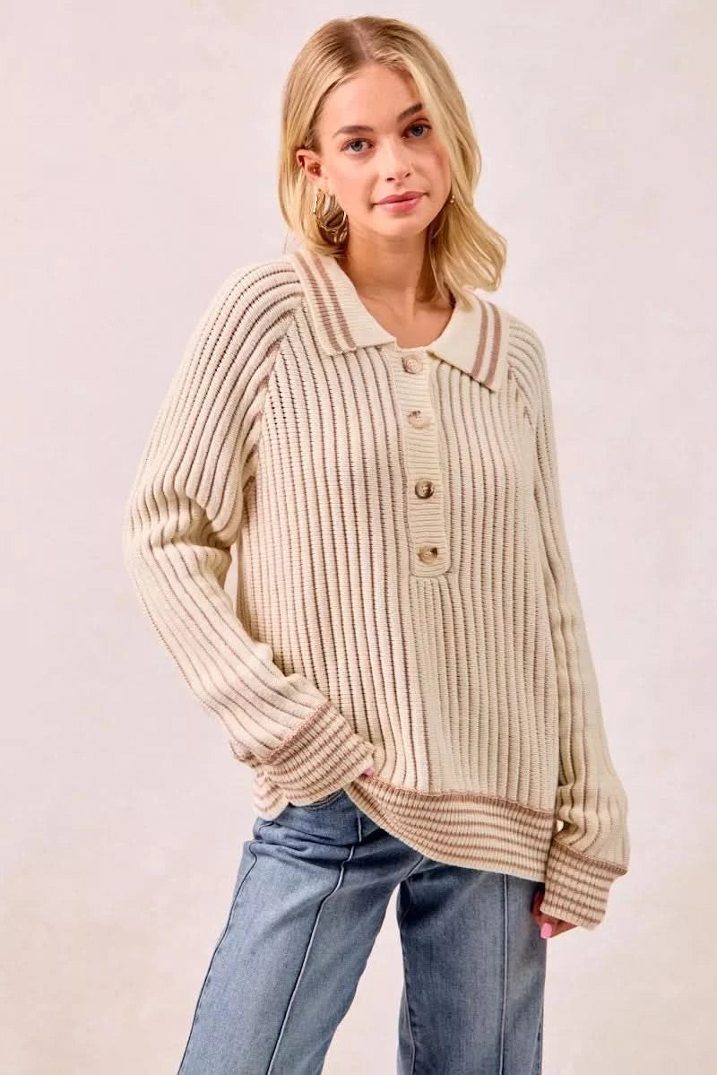 BiBi Half Button Ribbed Two Tone Sweater in CREAM LATTE - photo