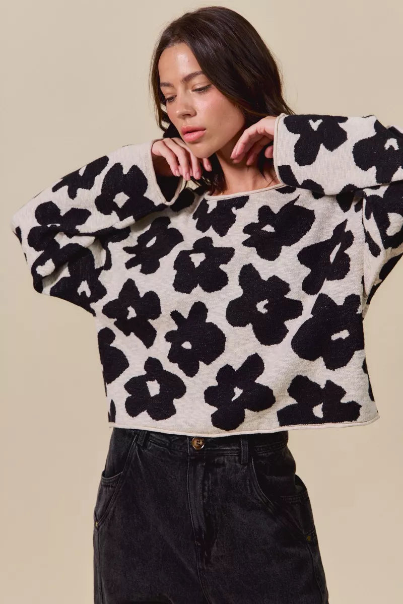 SO ME Loose Fit Flower Lightweight Sweater Top in - photo