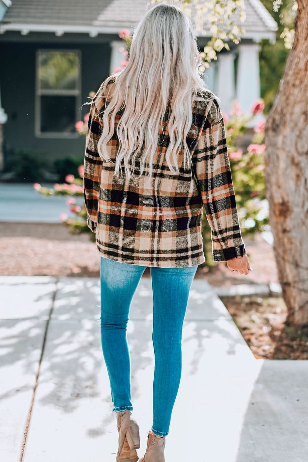 Plaid Button Front Shirt Jacket with Breast Pockets in - photo