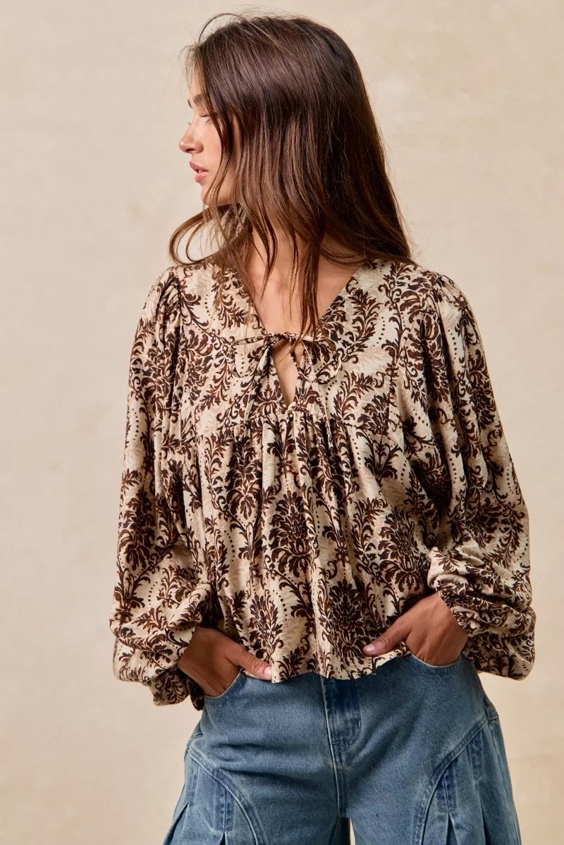 BiBi Printed Woven Front Tied Blouse with Baloon Sleeve in - photo