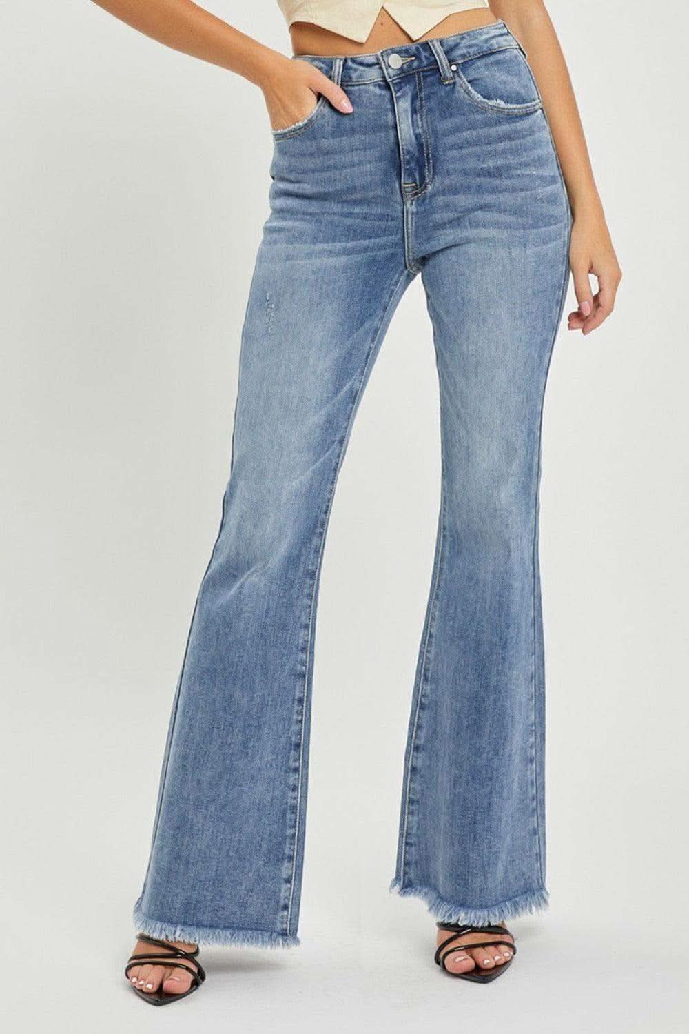 RISEN Full Size High Waist Raw Hem Flare Jeans in Medium - photo