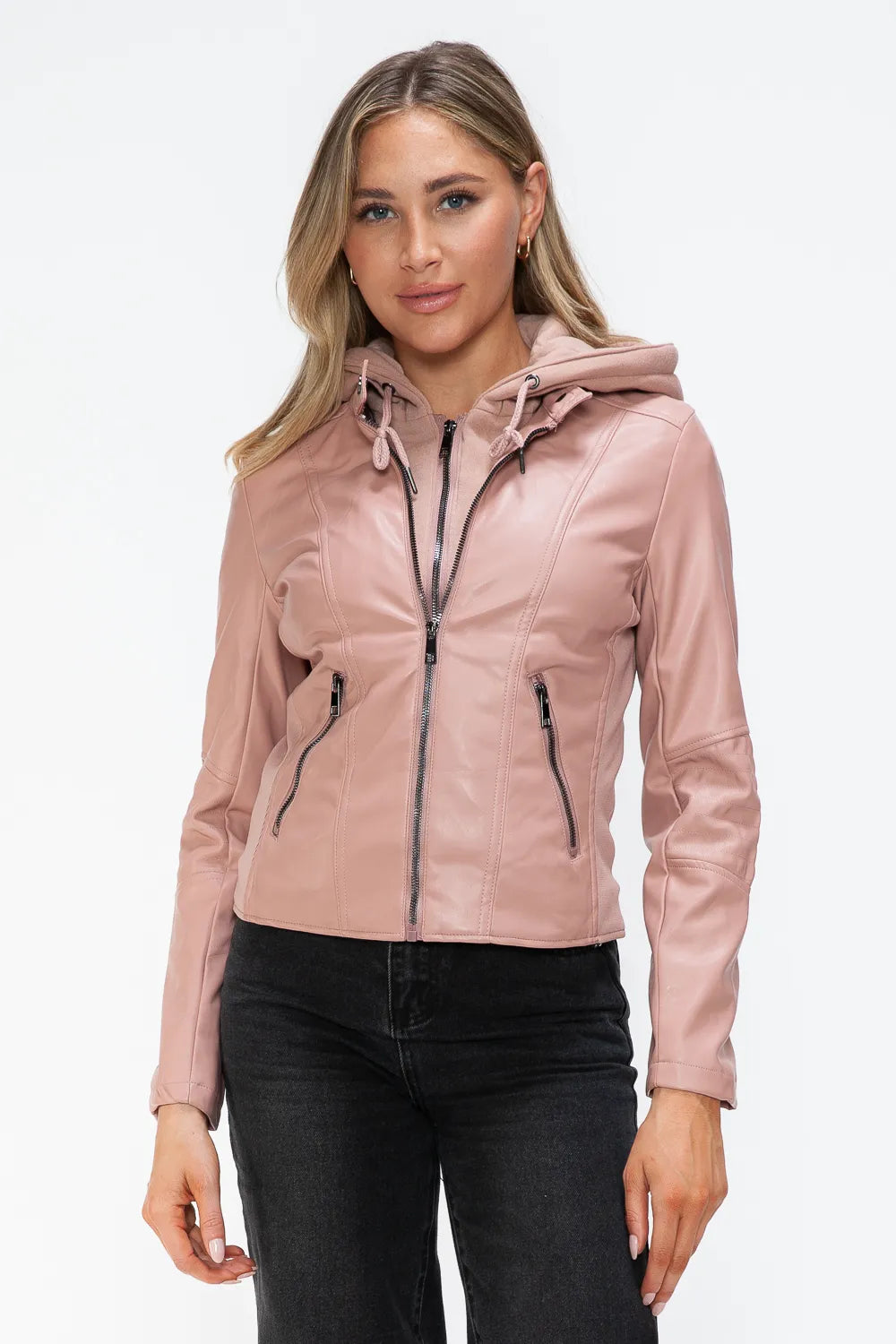 Snobbish Faux Leather Zip Up Drawstring Hooded Jacket in - photo