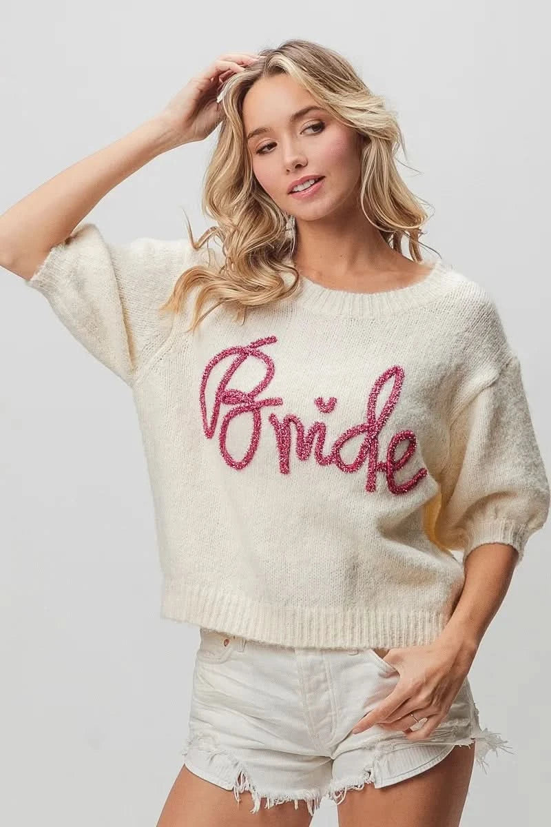 BiBi Metallic Letter Short Puff Sleeve Hairy Sweater in - photo