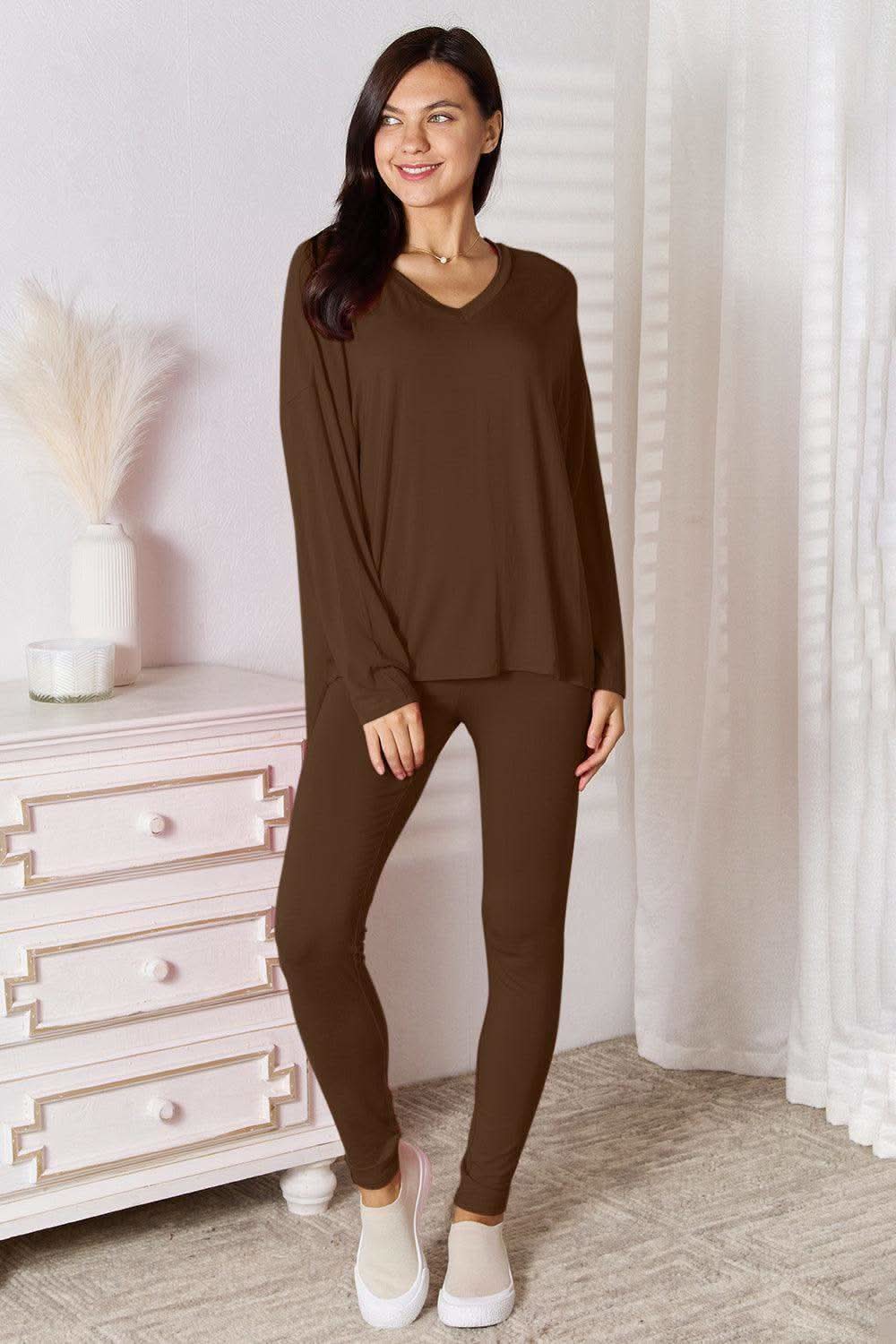 Basic Bae Full Size V-Neck Soft Rayon Long Sleeve Top and Pants Lounge Set in - Loungewear photo