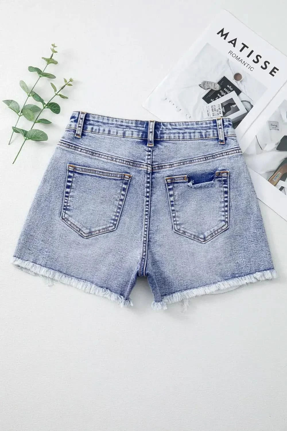 Pearl Studded Pockets Raw Hem Denim Shorts - SwagglyLife Home & Fashion