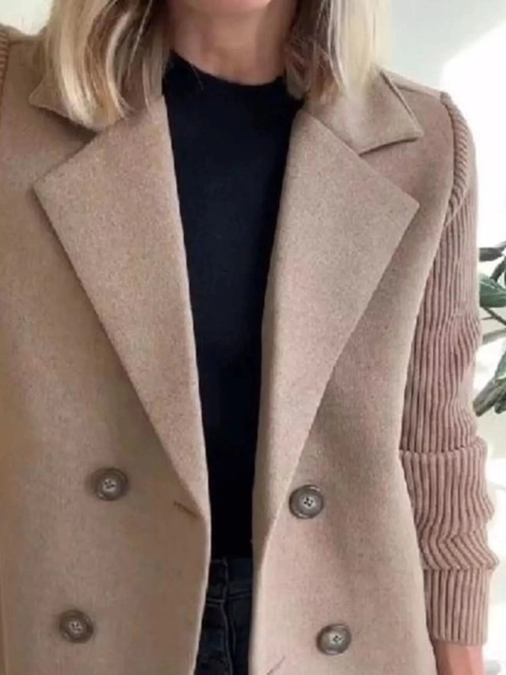 Knit Sleeve Double-Breasted Outerwear in - photo
