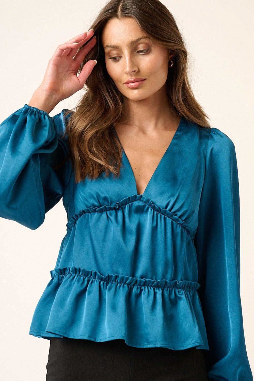 Mittoshop Satin V Neck Ruffled Tier Blouse - SwagglyLife Home & Fashion