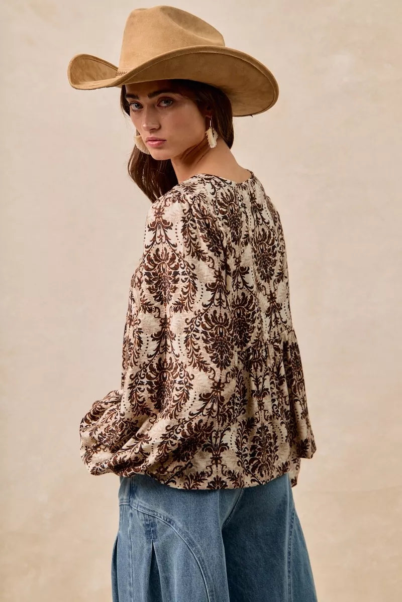 BiBi Printed Woven Front Tied Blouse with Baloon Sleeve in - photo
