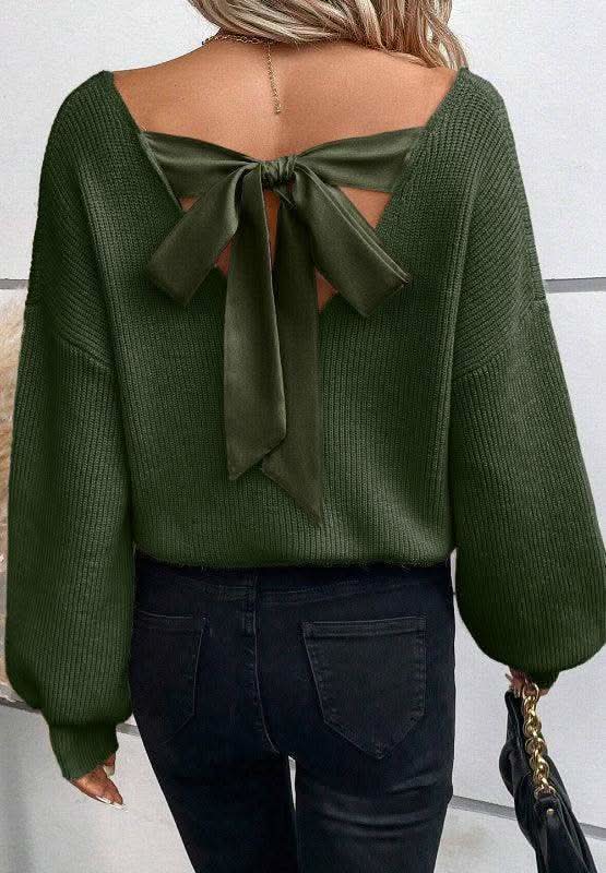 Tied Back V-Neck Long Sleeve Sweater in Dark Green - sweaters photo