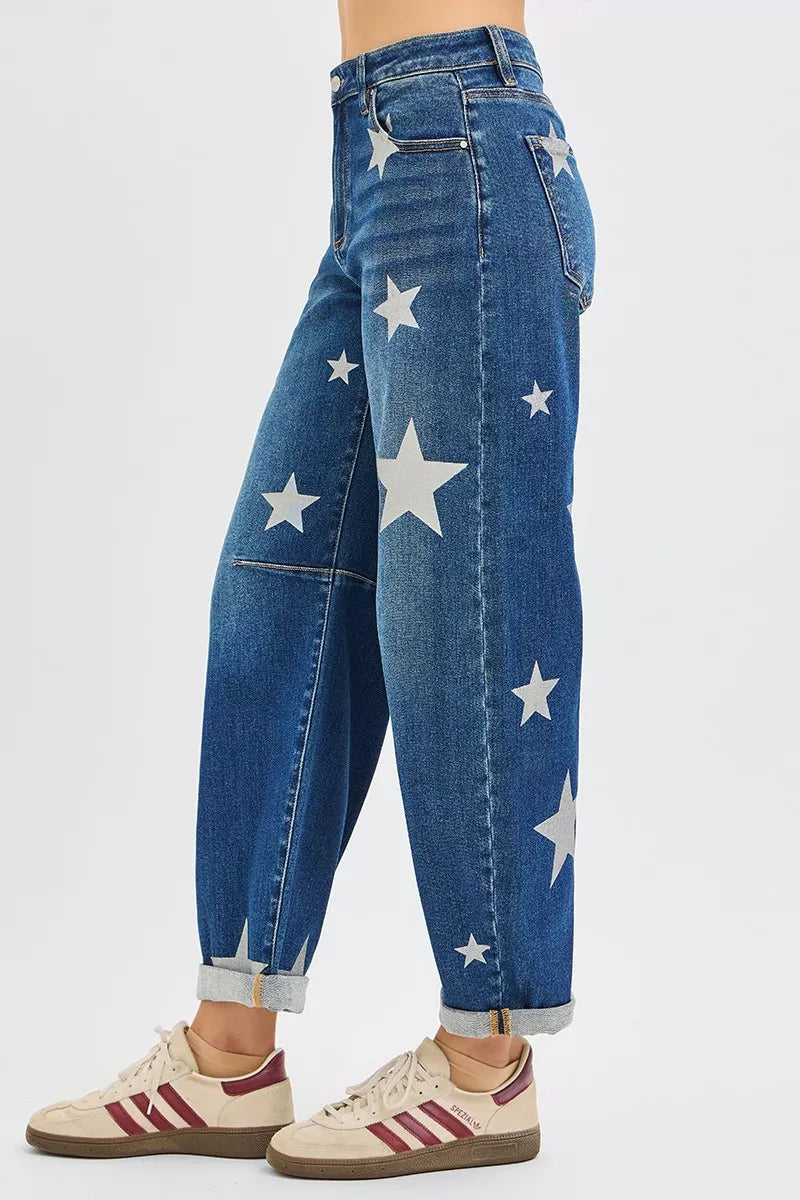 RISEN Star Print Mid Rise Barrel Jeans in - photo