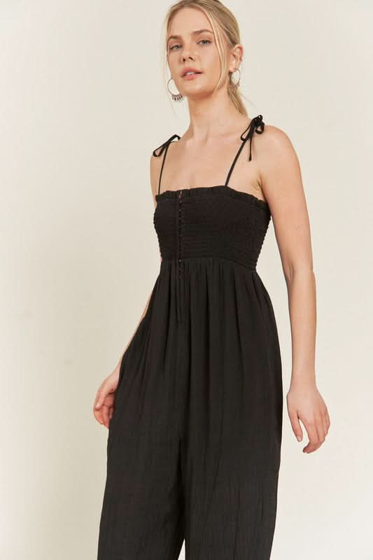 SMOCKED TIE STRAP JUMPSUIT - SwagglyLife Home & Fashion