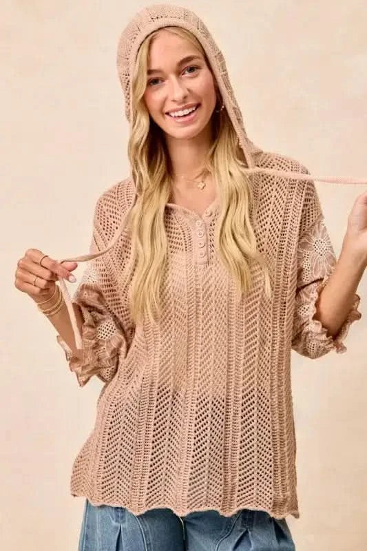 BiBi Jacquard Flower Puff Sleeve Hooded Knit Top - SwagglyLife Home & Fashion