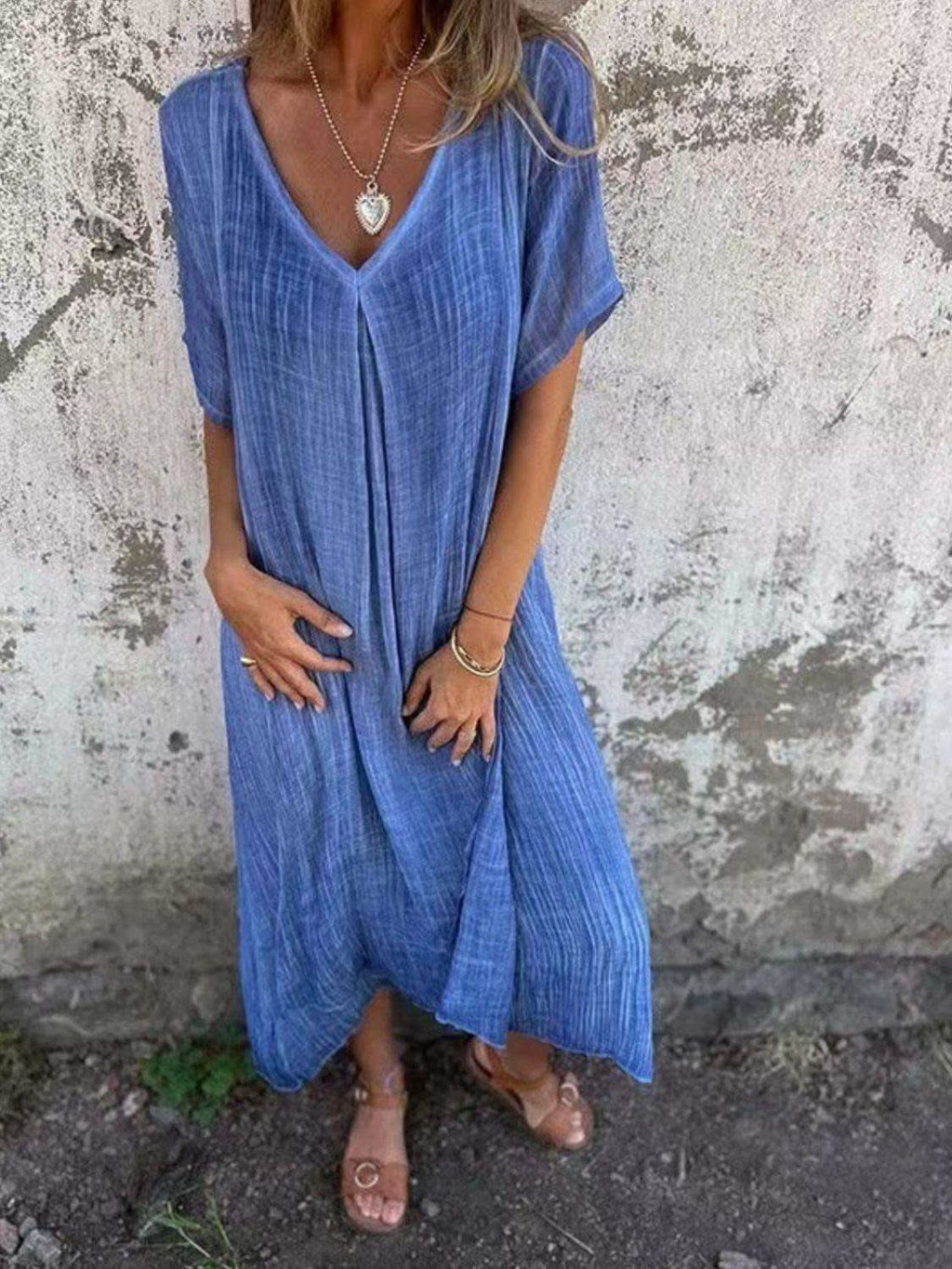 Full Size V-Neck Short Sleeve Midi Dress Plus Size in - dresses photo