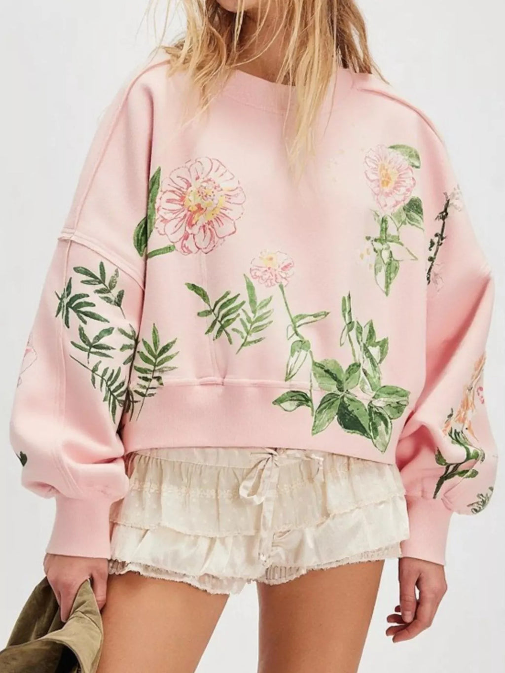Printed Round Neck Dropped Shoulder Sweatshirt in Pink - photo