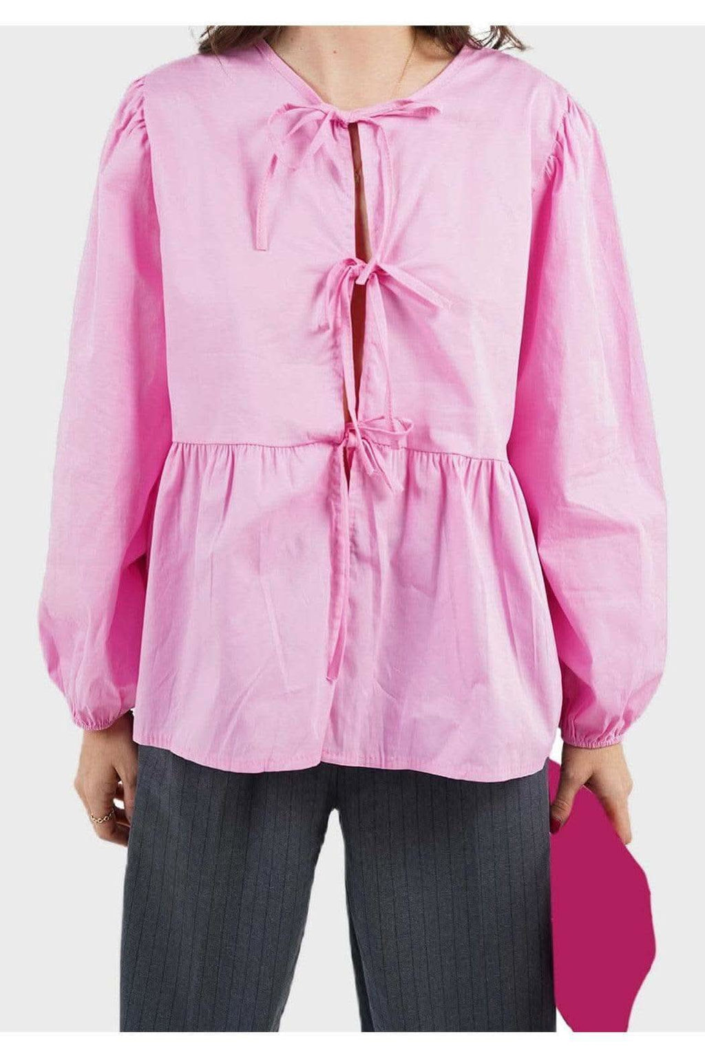 Susan Tied Round Neck Long Sleeve Blouse - SwagglyLife Home & Fashion