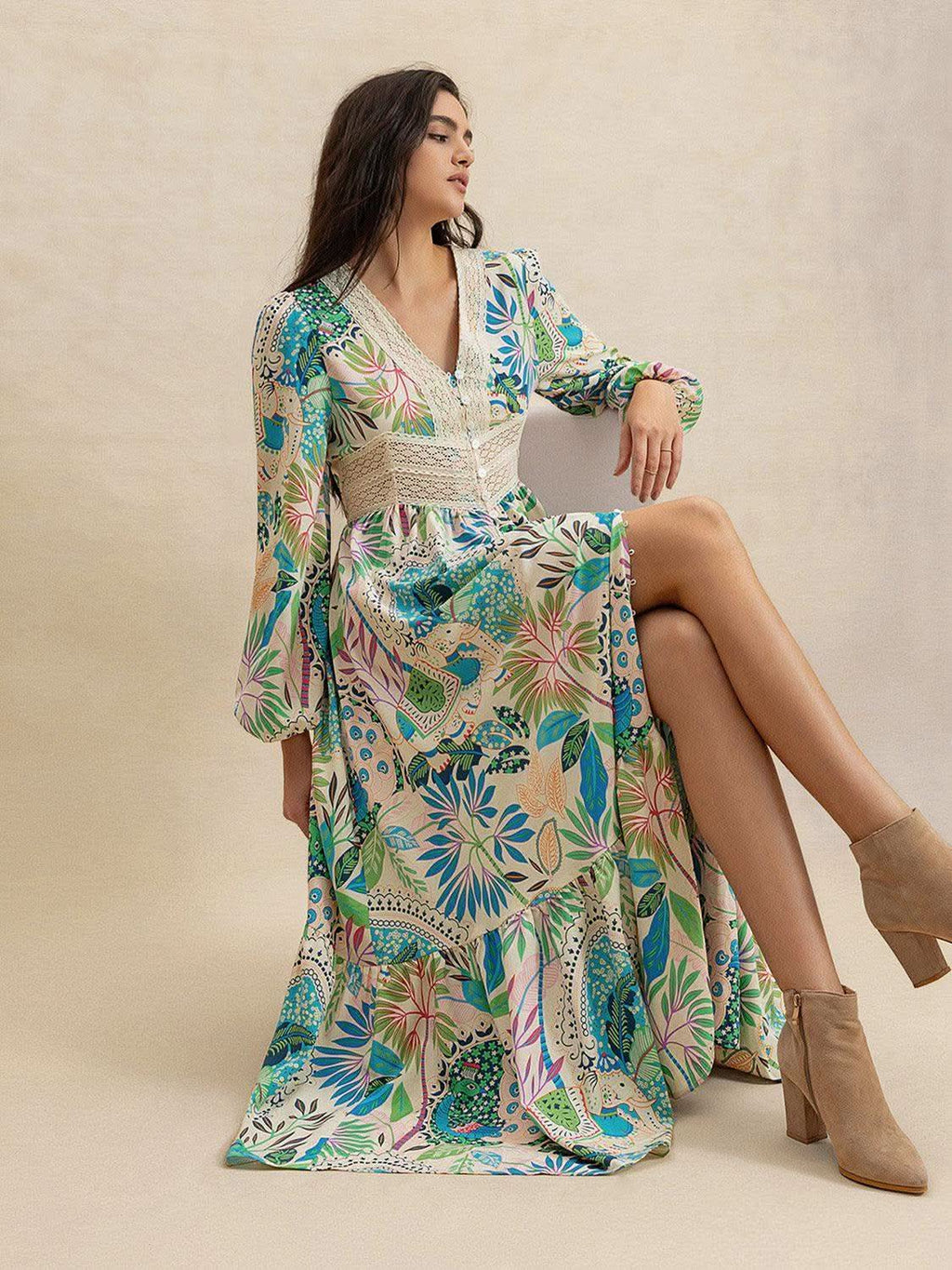 Slit Printed V-Neck Long Sleeve Midi Dress in - Dresses photo