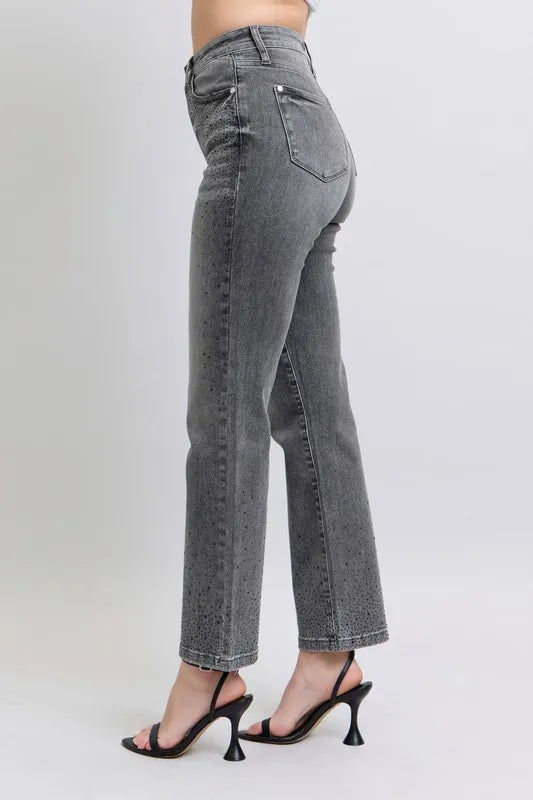 Judy Blue Full Size High Waist Rhinestone Straight Jeans Plus Size - SwagglyLife Home & Fashion