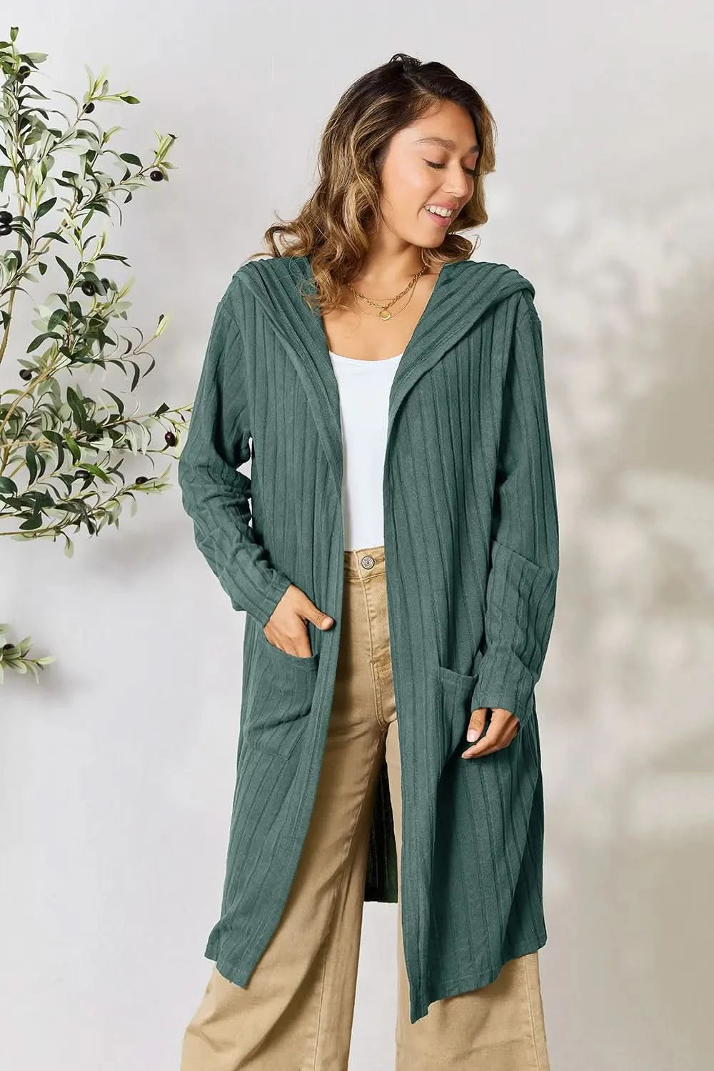 Basic Bae Full Size Hooded Sweater Cardigan in Teal - photo