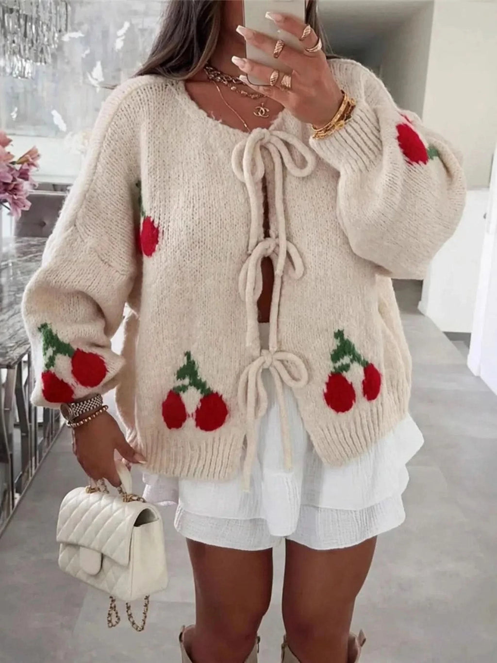 Cherry Pattern Tie-Front Oversized Cardigan in - photo