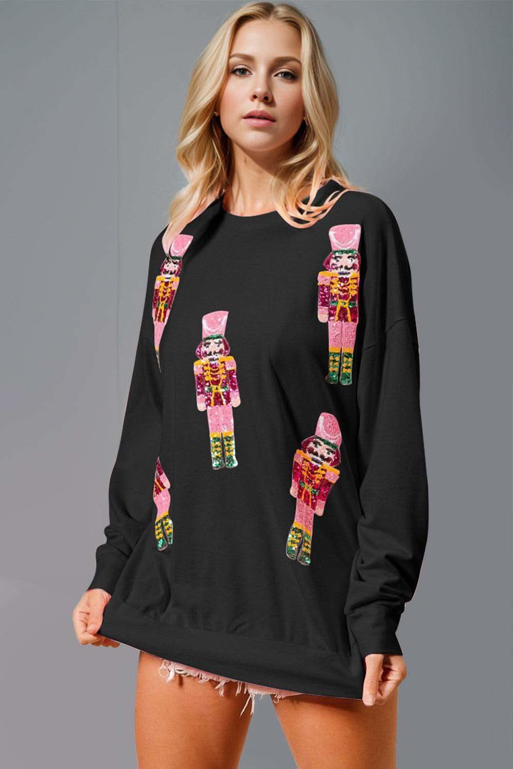 Double Take Sequin Nutcracker Round Neck Long Sleeve Sweatshirt - SwagglyLife Home & Fashion