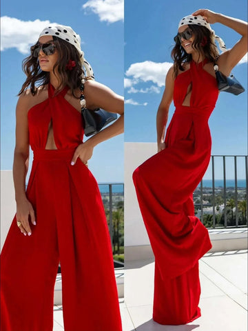 Wide Leg Cutout Halter Neck Jumpsuit - SwagglyLife Home & Fashion Wide Leg Cutout Halter Neck Jumpsuit - SwagglyLife Home & Fashion