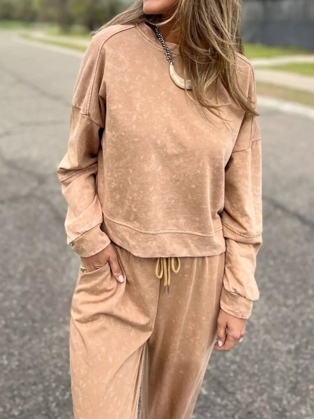 Full Size Washed Round Neck Top and Drawstring Pants Set Plus Size in - photo