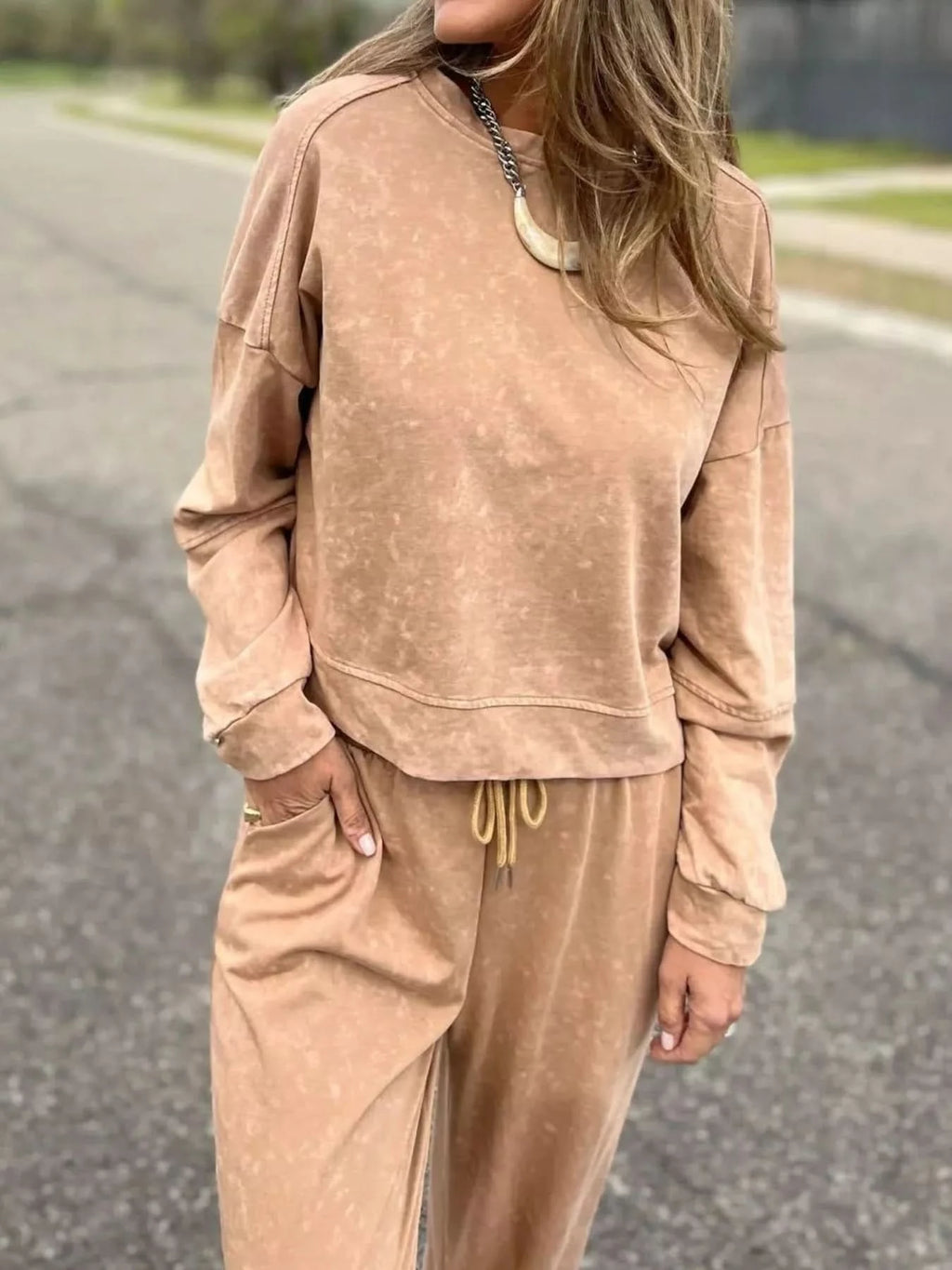 Full Size Washed Round Neck Top and Drawstring Pants Set Plus Size in - photo