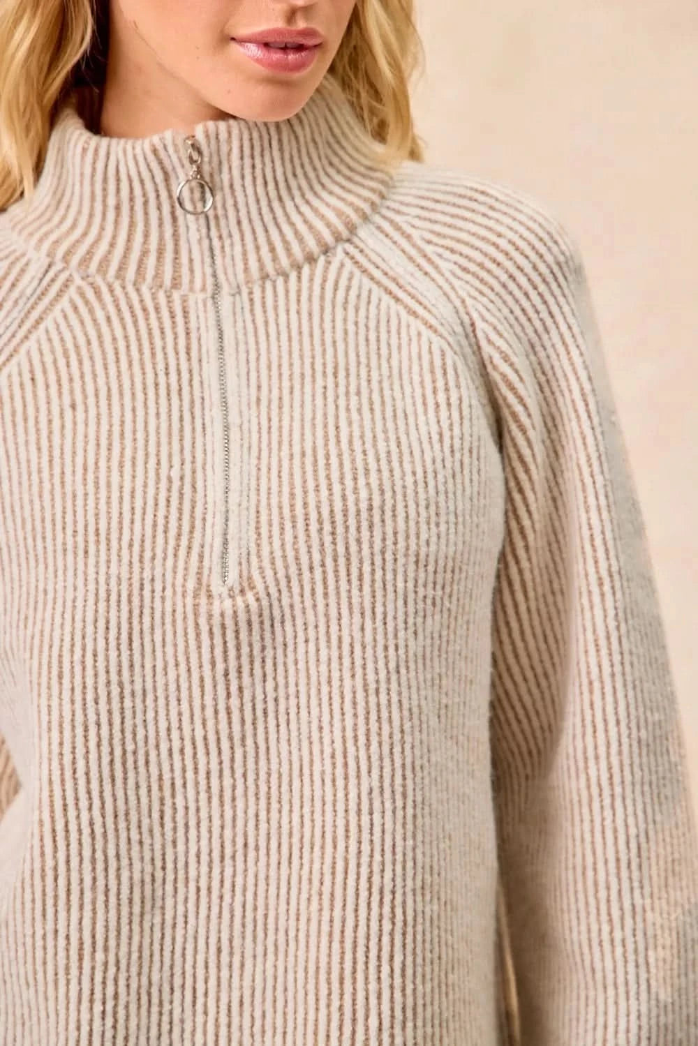 BiBi Two Tone Rib Texured Knit Collared Top with Zip Up in - photo