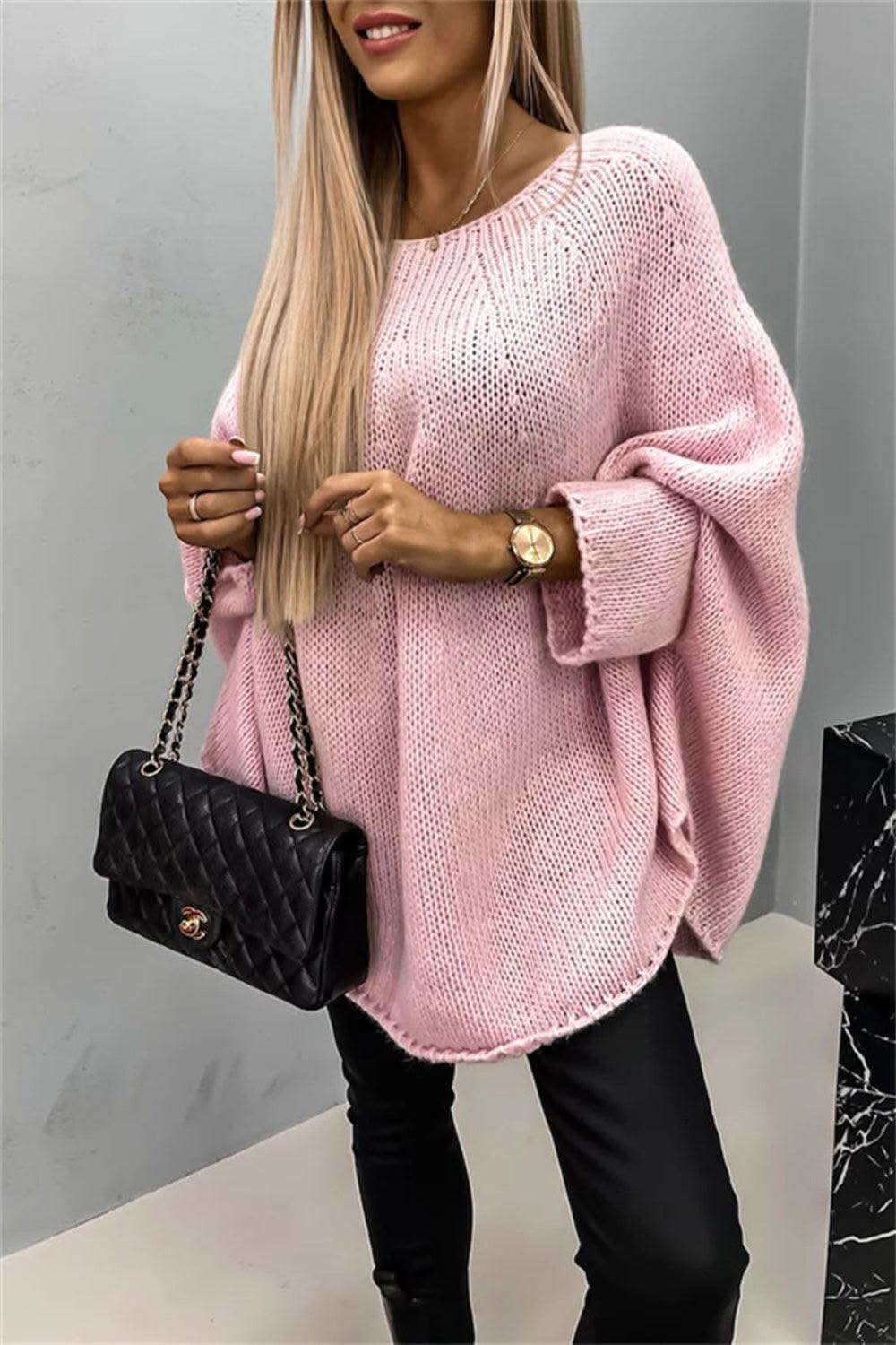 Round Neck Batwing Sleeve Sweater - SwagglyLife Home & Fashion